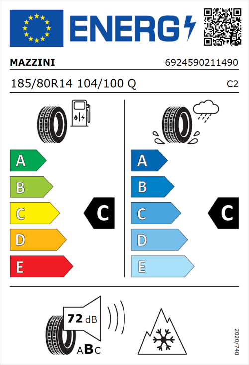 Tyre Label for Mazzini Effivan 185/80R14 104/100Q