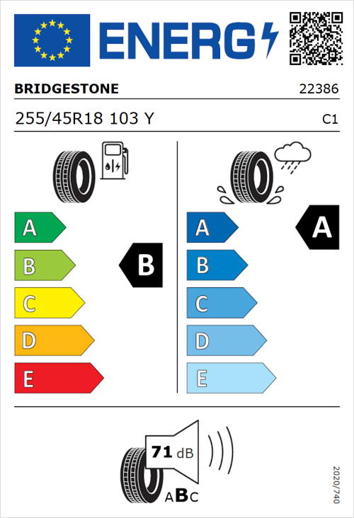 Tyre Label for Bridgestone Turanza 6 255/45R18 103Y