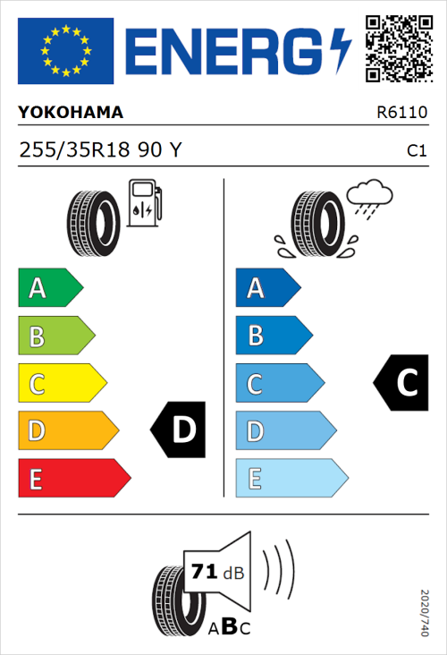 Tyre Label for Yokohama V103S 255/35R18 90Y