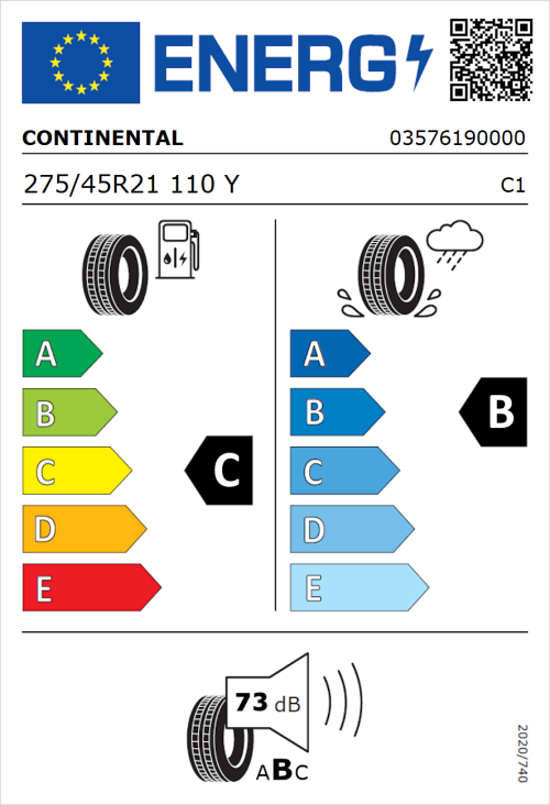 Tyre Label for Continental ContiSportContact 5 Silent 275/45R21 110Y